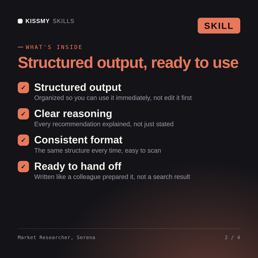 What's inside the Market Researcher, Serena AI skill: Structured output, Clear reasoning, Consistent format, Ready to hand off