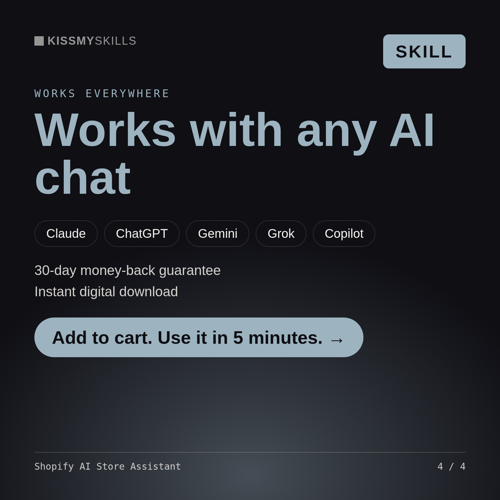 The Shopify AI Store Assistant skill works with Claude, ChatGPT, Gemini and any AI chat, 30-day money-back guarantee