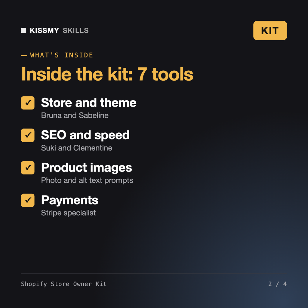 What's inside the Shopify Store Owner Kit: Store and theme, SEO and speed, Product images, Payments