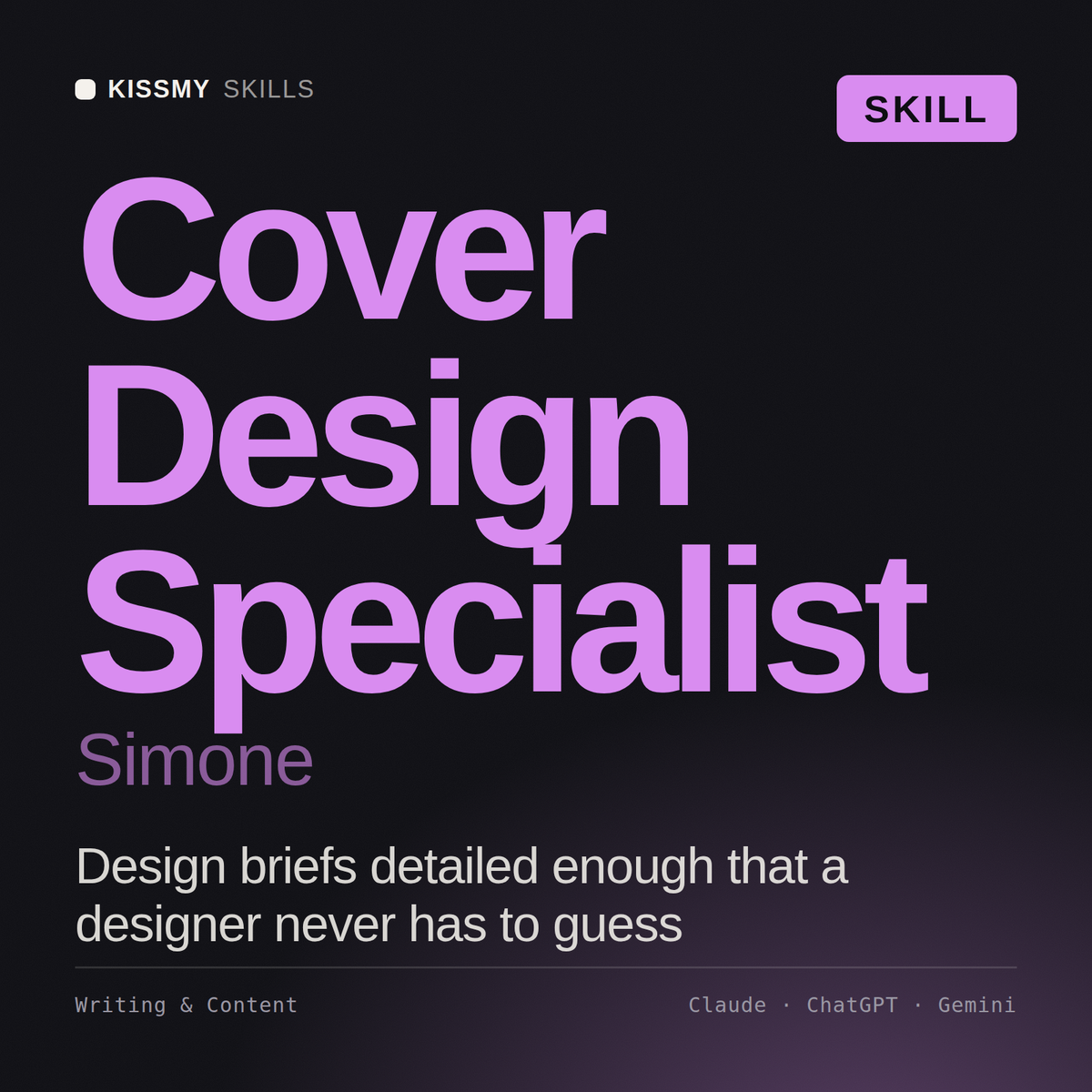 Cover Design Specialist, Simone AI skill by KissMySkills, cover