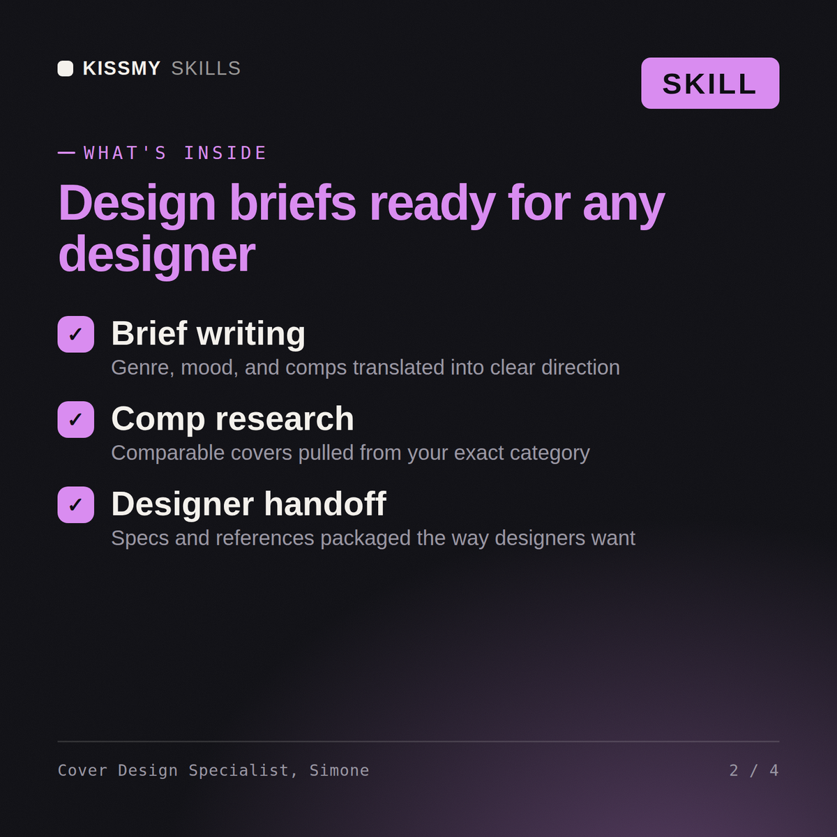 What's inside the Cover Design Specialist, Simone AI skill: Brief writing, Comp research, Designer handoff
