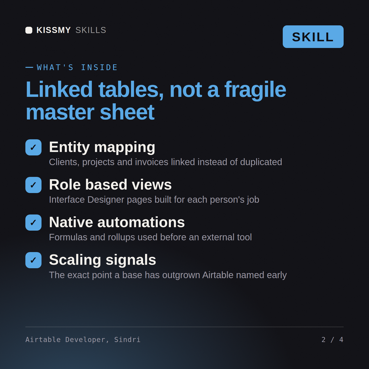 What's inside the Airtable Developer, Sindri AI skill: Entity mapping, Role based views, Native automations, Scaling signals