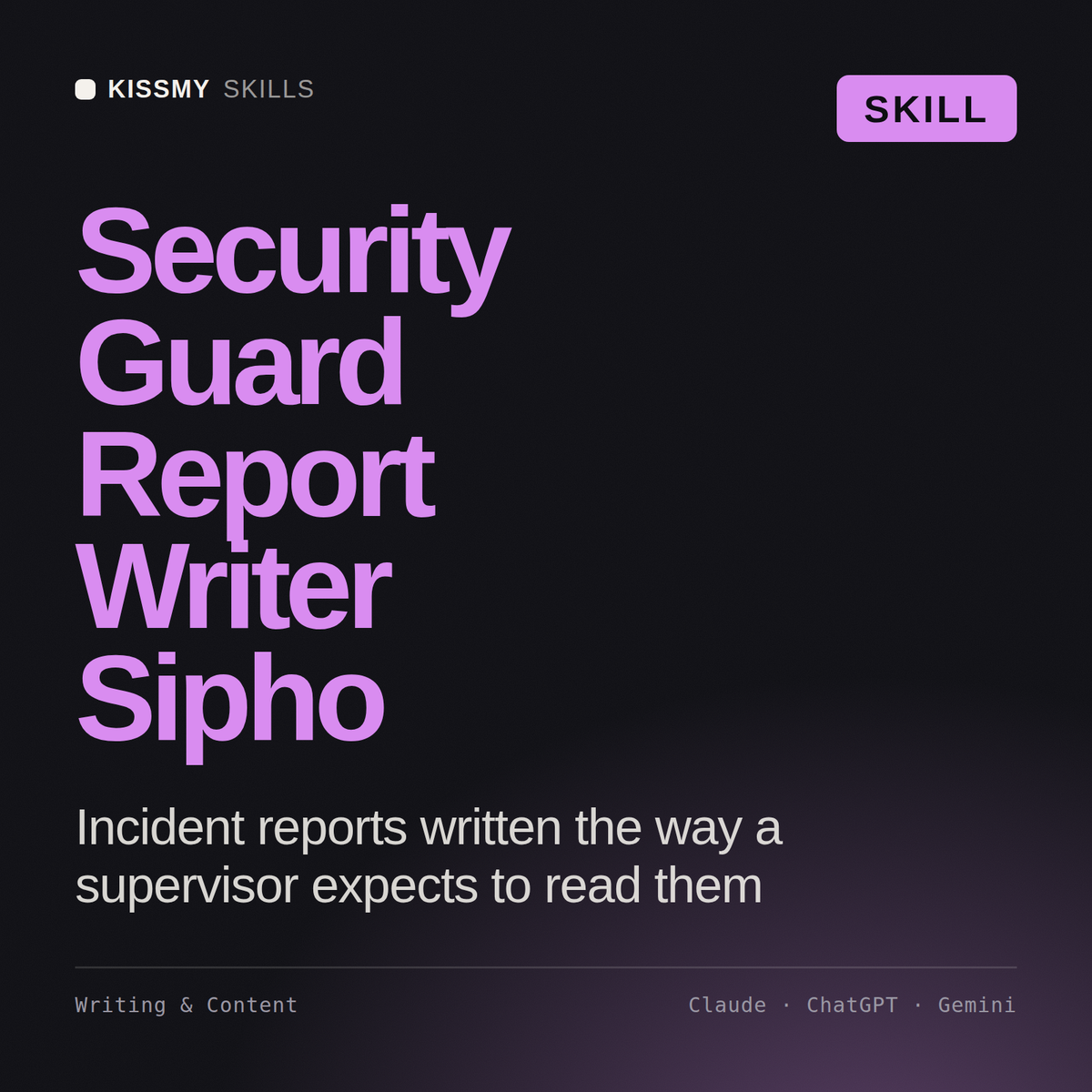 Security Guard Report Writer, Sipho AI skill by KissMySkills, cover