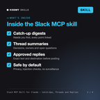 What's inside the Slack MCP Skill for Claude - Catch-Ups, Threads and Replies: Catch-up digests, Thread summaries, Approved replies, Safe by default