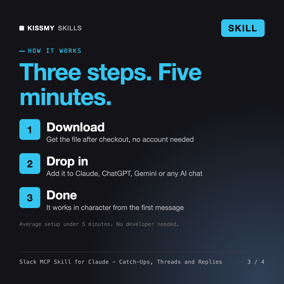 How the Slack MCP Skill for Claude - Catch-Ups, Threads and Replies works in three steps: download, drop it into your AI chat, done