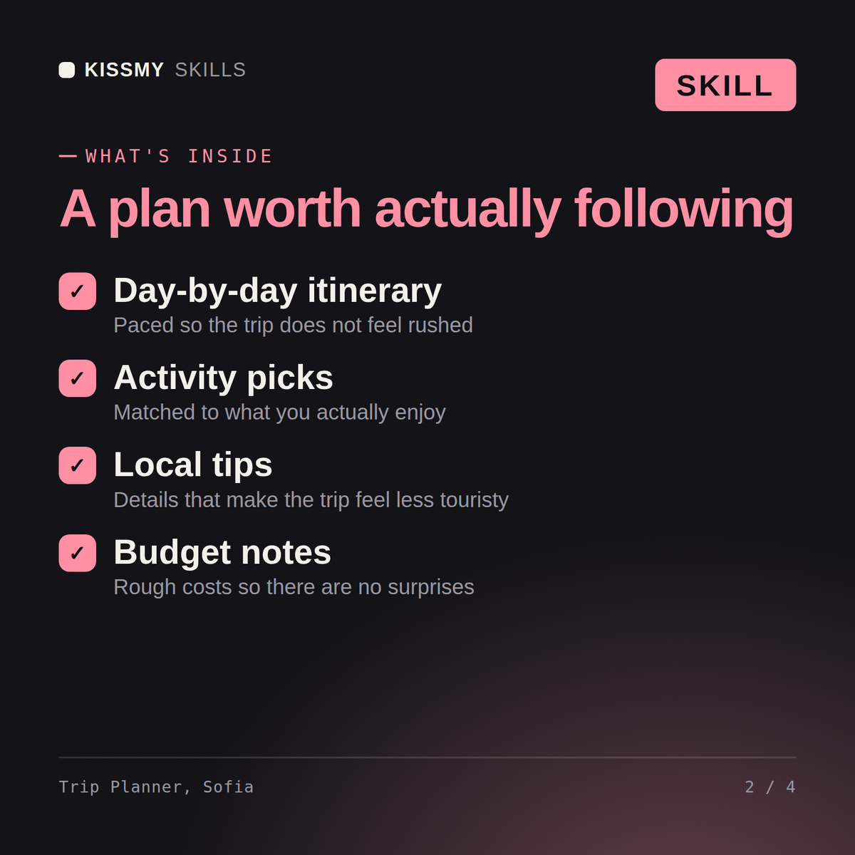 What's inside the Trip Planner, Sofia AI skill: Day-by-day itinerary, Activity picks, Local tips, Budget notes