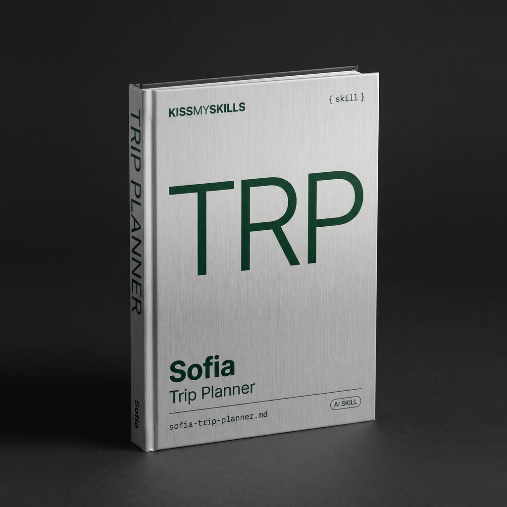 Trip Planner Claude skill by KissMySkills, hardcover volume cover
