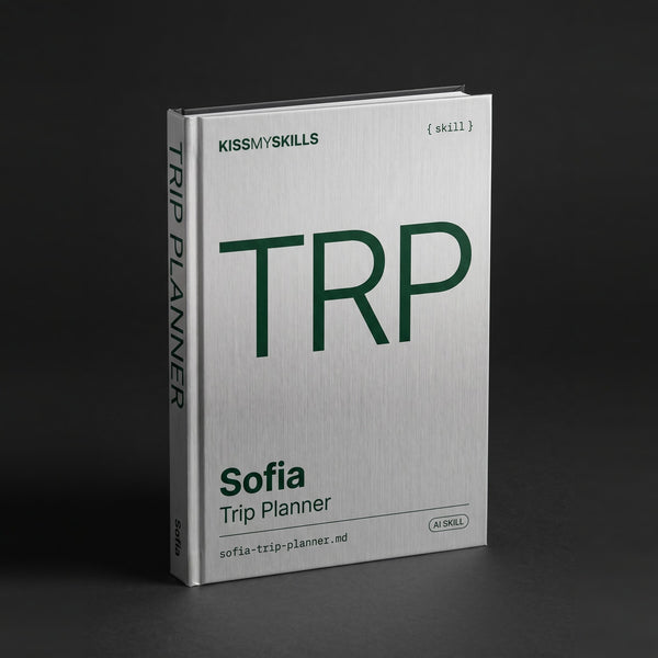 Trip Planner Claude skill by KissMySkills, hardcover volume cover