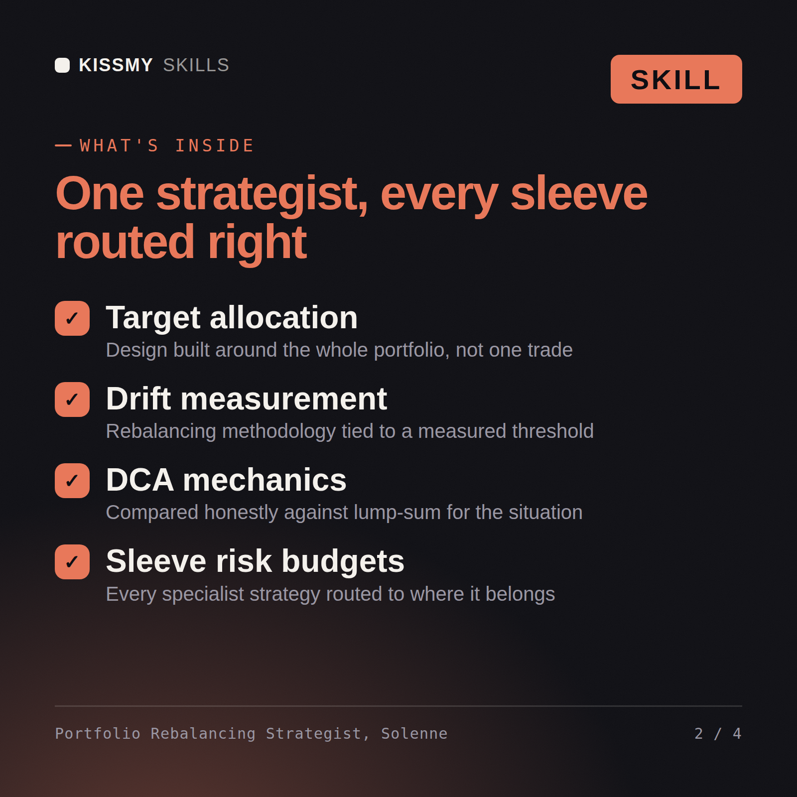 What's inside the Portfolio Rebalancing Strategist, Solenne AI skill: Target allocation, Drift measurement, DCA mechanics, Sleeve risk budgets