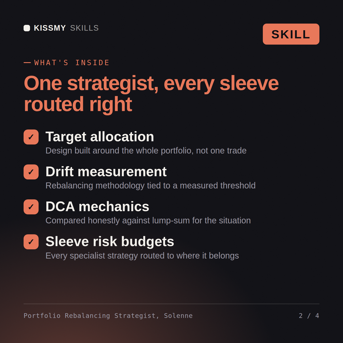 What's inside the Portfolio Rebalancing Strategist, Solenne AI skill: Target allocation, Drift measurement, DCA mechanics, Sleeve risk budgets
