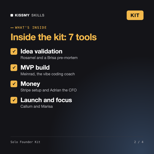 What's inside the Solo Founder Kit: idea validation, MVP build, money, launch and focus