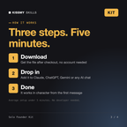 How the Solo Founder Kit works in three steps: download, drop it into your AI chat, done