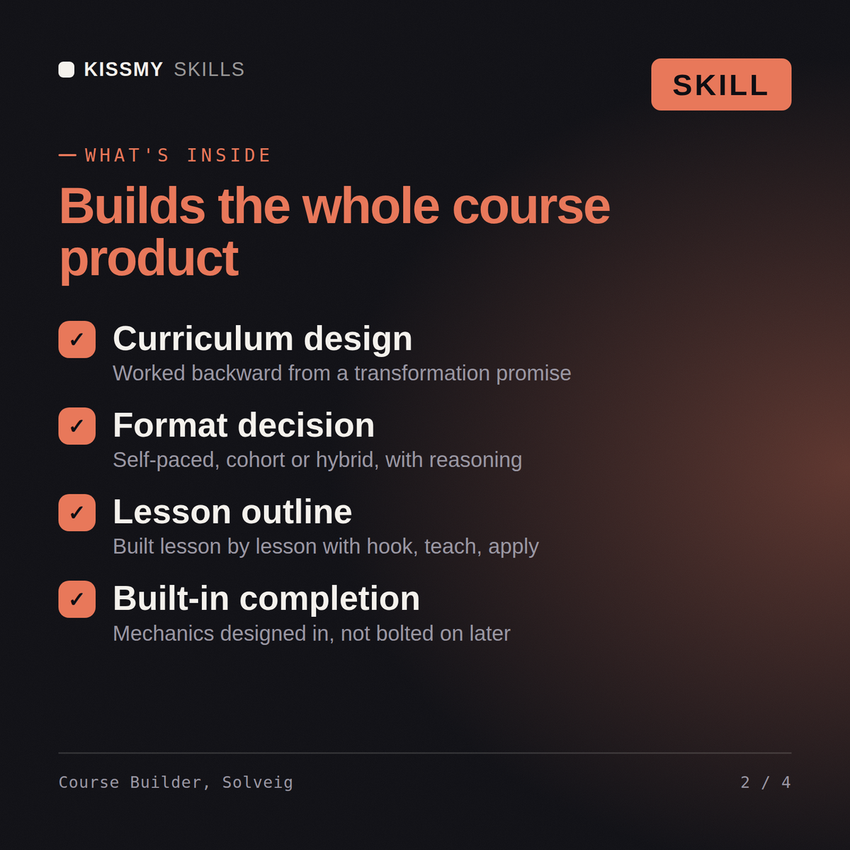 What's inside the Course Builder, Solveig AI skill: Curriculum design, Format decision, Lesson outline, Built-in completion