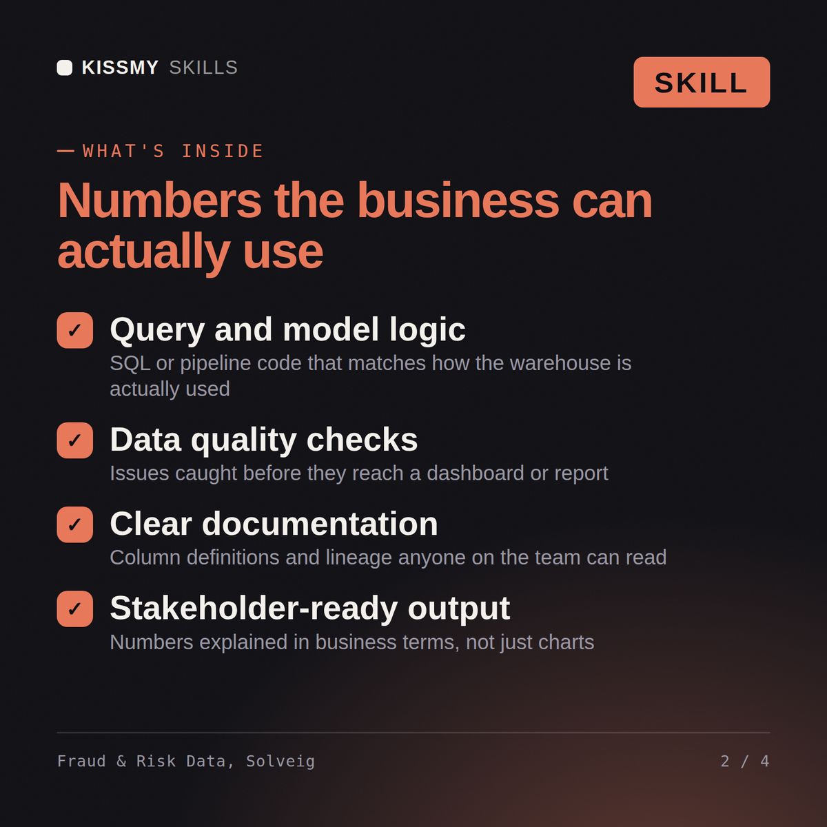 What's inside the Fraud & Risk Data, Solveig AI skill: Query and model logic, Data quality checks, Clear documentation, Stakeholder-ready output