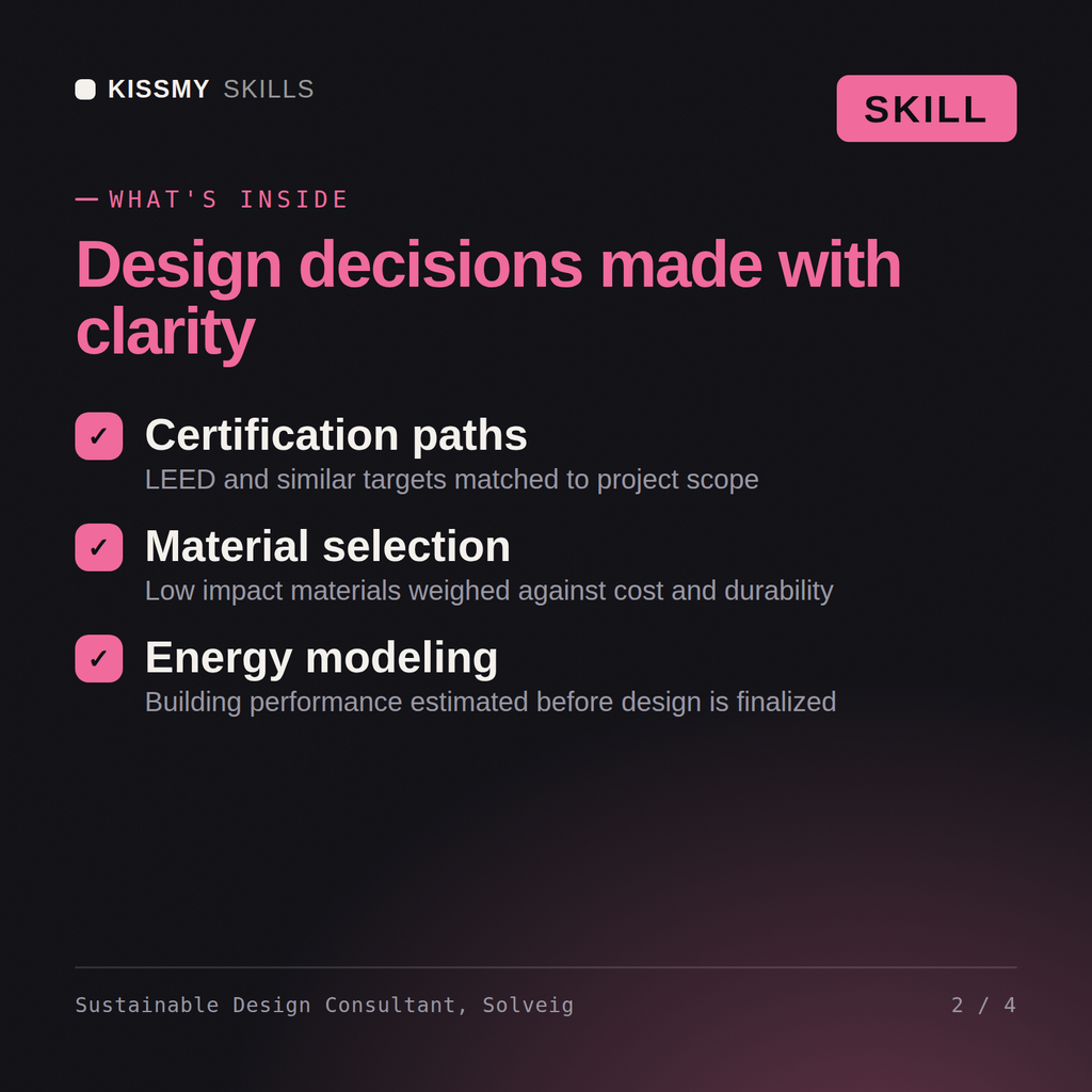What's inside the Sustainable Design Consultant, Solveig AI skill: Certification paths, Material selection, Energy modeling