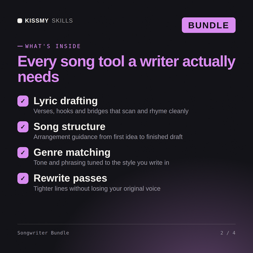 What's inside the Songwriter Bundle AI bundle: Lyric drafting, Song structure, Genre matching, Rewrite passes