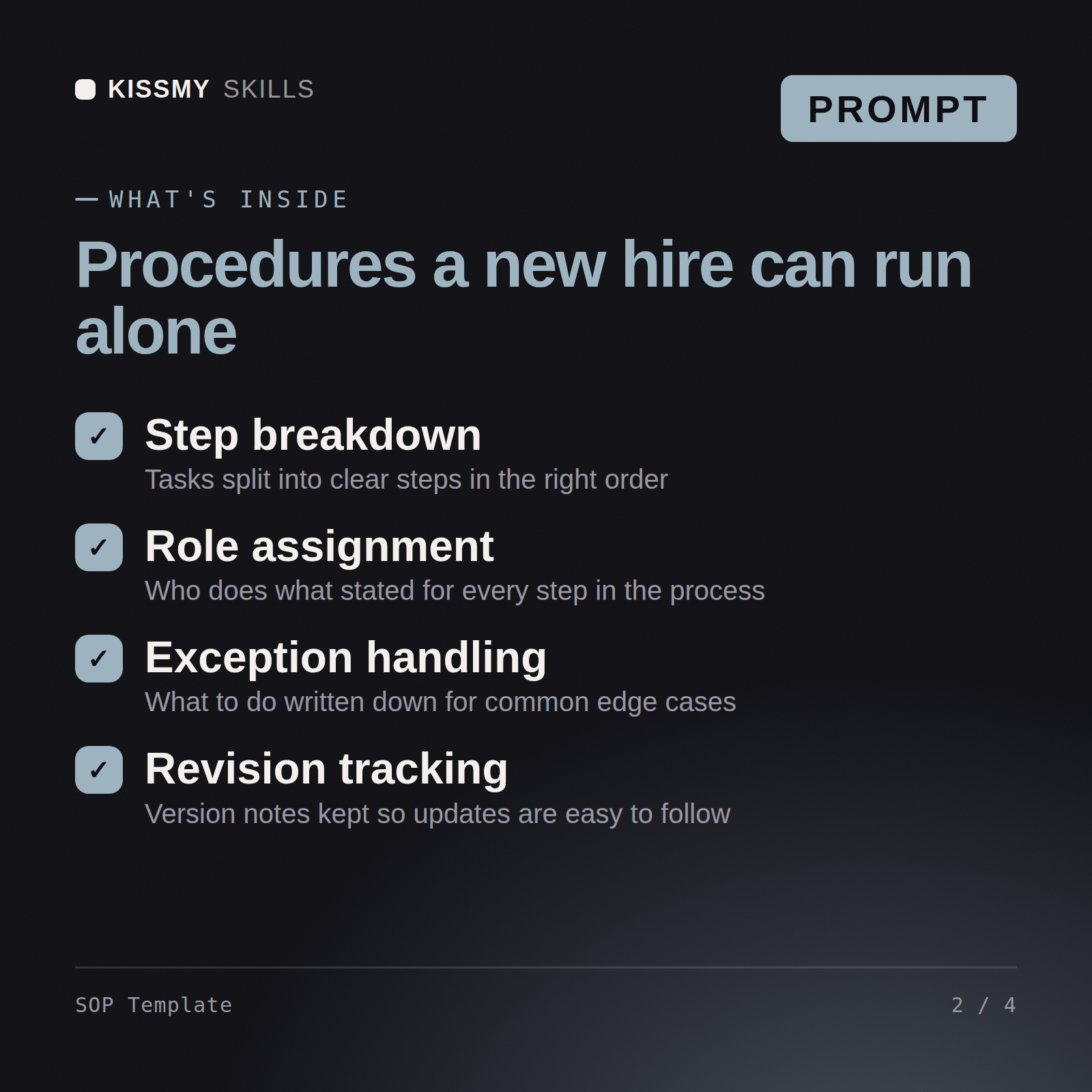 What's inside the SOP Template AI prompt: Step breakdown, Role assignment, Exception handling, Revision tracking