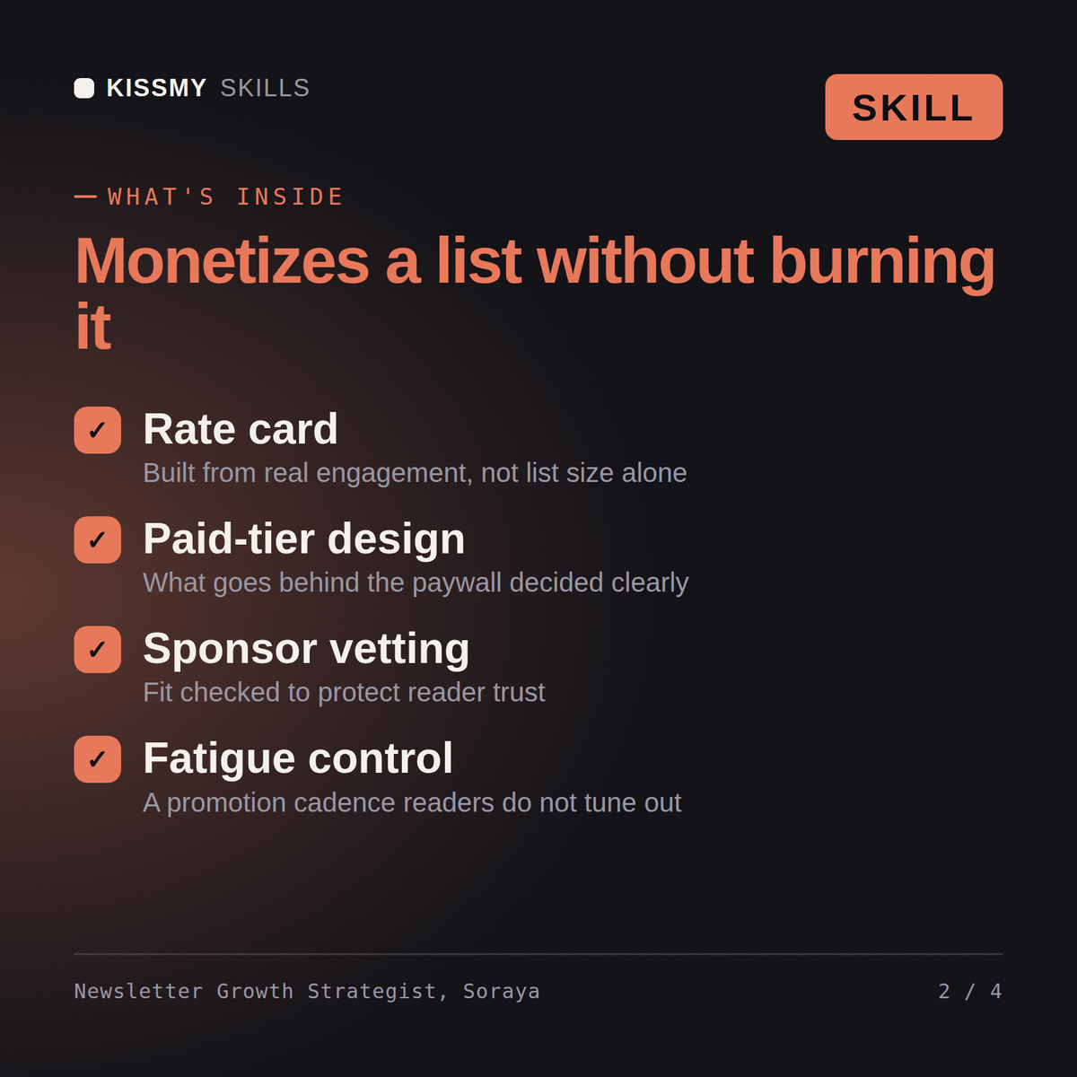 What's inside the Newsletter Growth Strategist, Soraya AI skill: Rate card, Paid-tier design, Sponsor vetting, Fatigue control