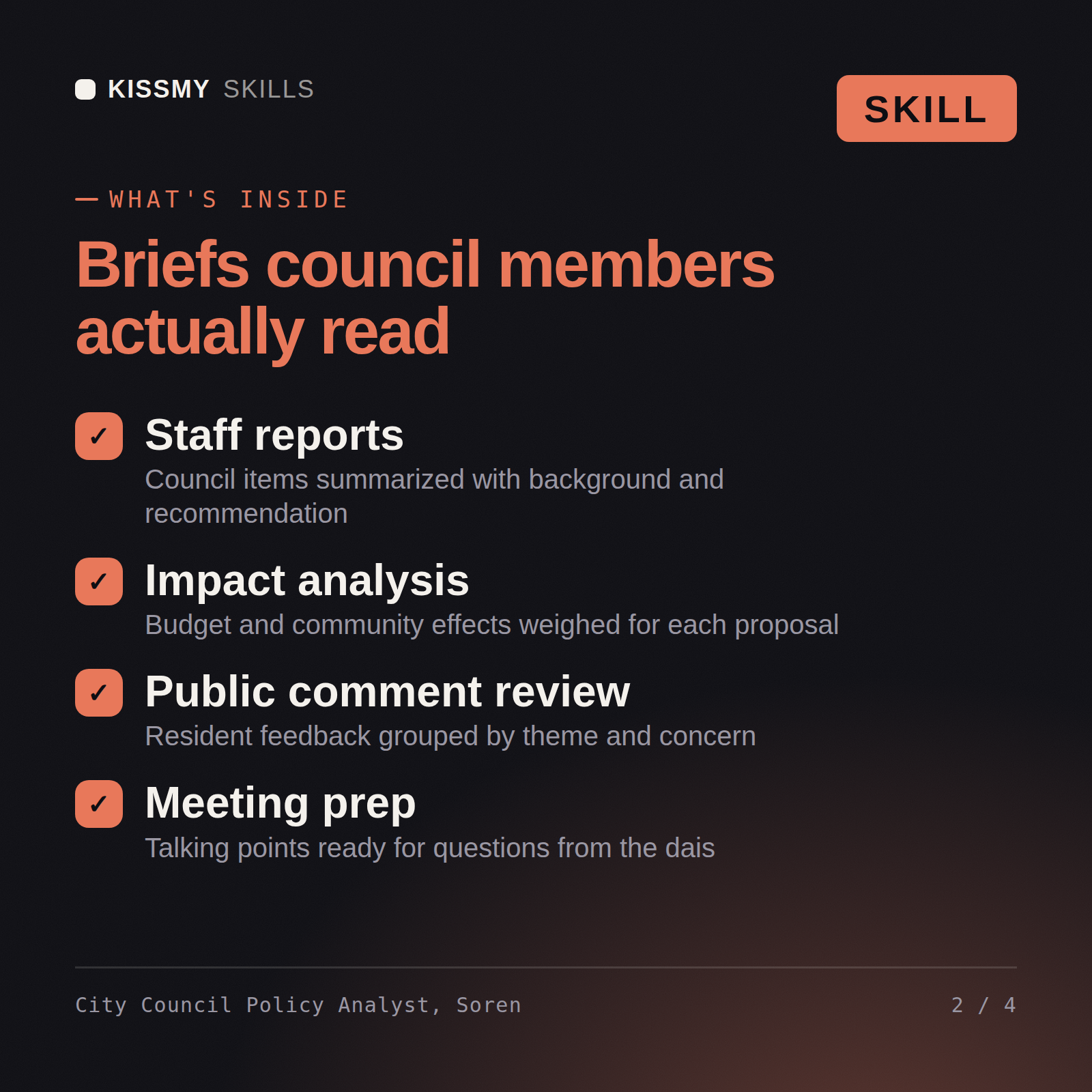 What's inside the City Council Policy Analyst, Soren AI skill: Staff reports, Impact analysis, Public comment review, Meeting prep