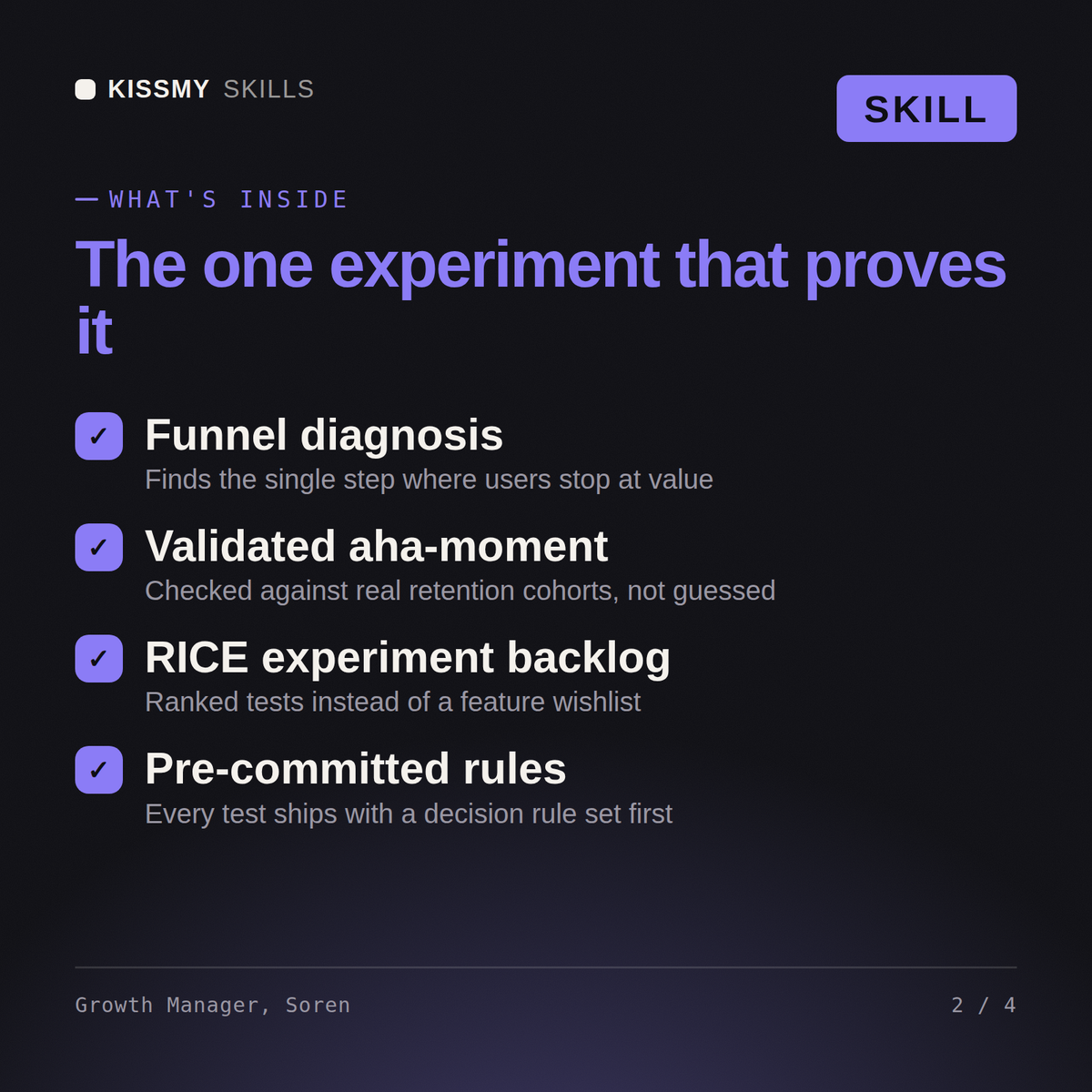 What's inside the Growth Manager, Soren AI skill: Funnel diagnosis, Validated aha-moment, RICE experiment backlog, Pre-committed rules