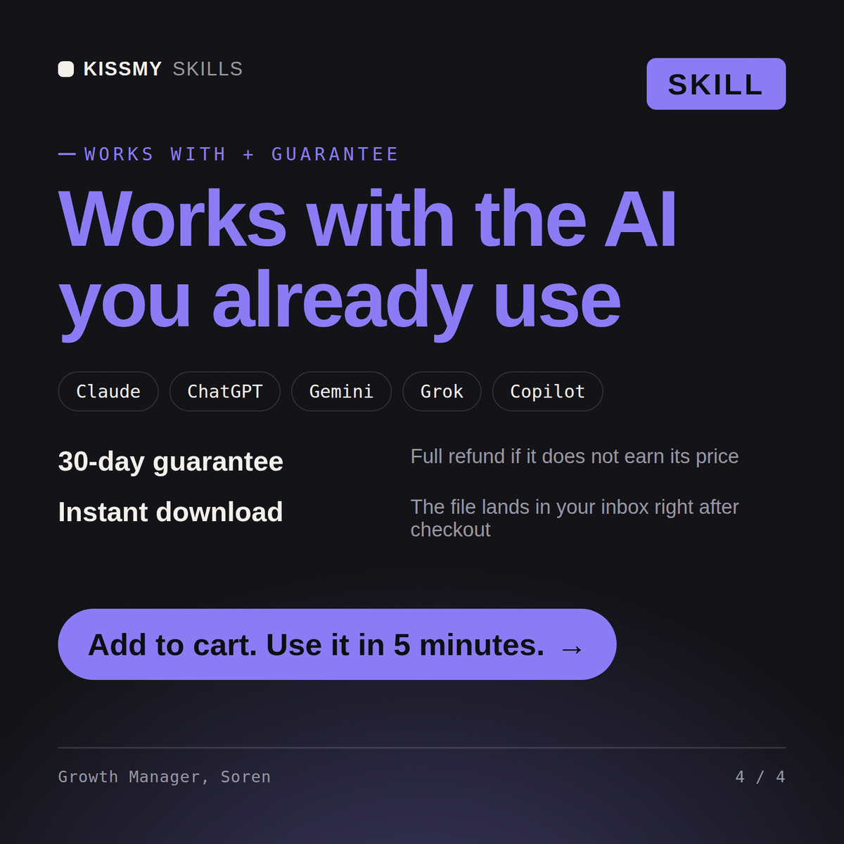 The Growth Manager, Soren AI skill works with Claude, ChatGPT, Gemini and any AI chat, 30-day money-back guarantee