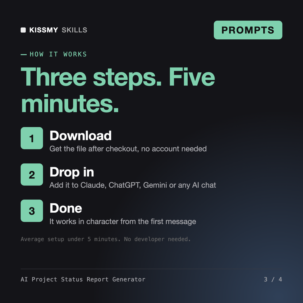 How the AI Project Status Report Generator works in three steps: download, drop it into your AI chat, done