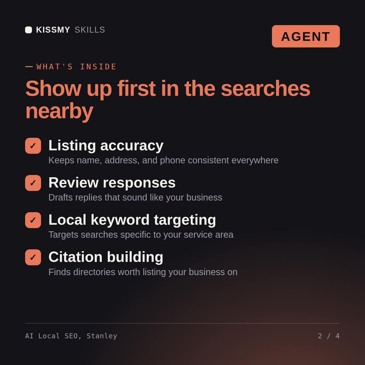 What's inside the AI Local SEO, Stanley AI agent: Listing accuracy, Review responses, Local keyword targeting, Citation building