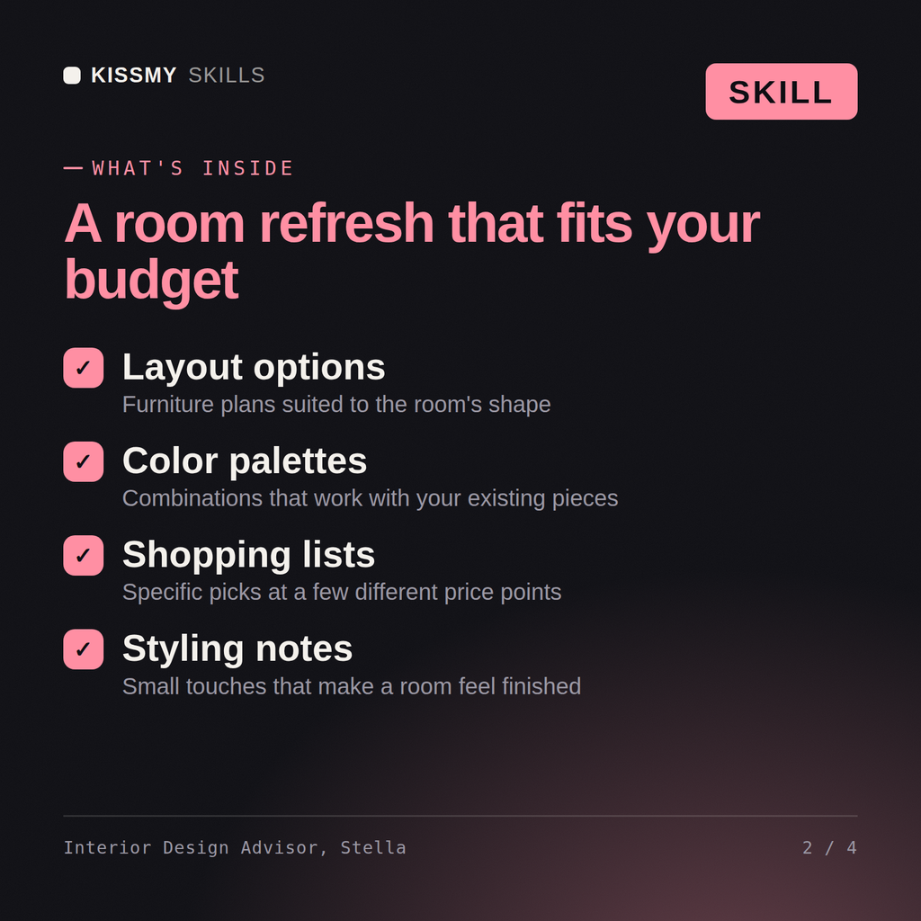 What's inside the Interior Design Advisor, Stella AI skill: Layout options, Color palettes, Shopping lists, Styling notes