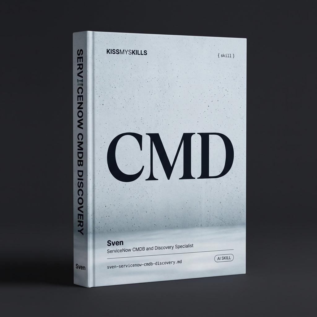 ServiceNow CMDB & Discovery Specialist Claude skill by KissMySkills, hardcover volume cover
