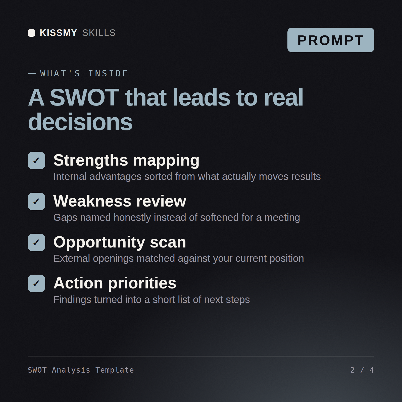 What's inside the SWOT Analysis Template AI prompt: Strengths mapping, Weakness review, Opportunity scan, Action priorities