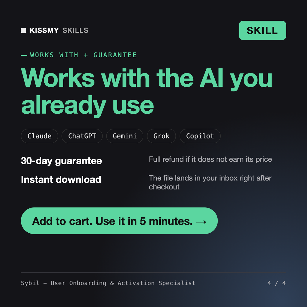 The Sybil - User Onboarding & Activation Specialist AI skill works with Claude, ChatGPT, Gemini and any AI chat, 30-day money-back guarantee