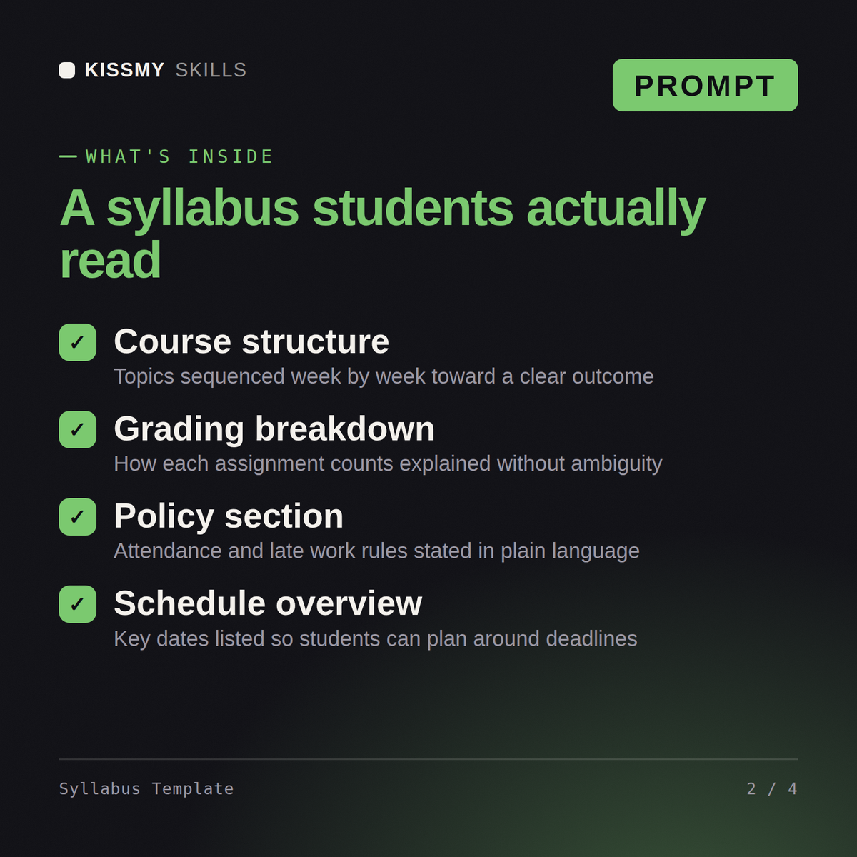 What's inside the Syllabus Template AI prompt: Course structure, Grading breakdown, Policy section, Schedule overview