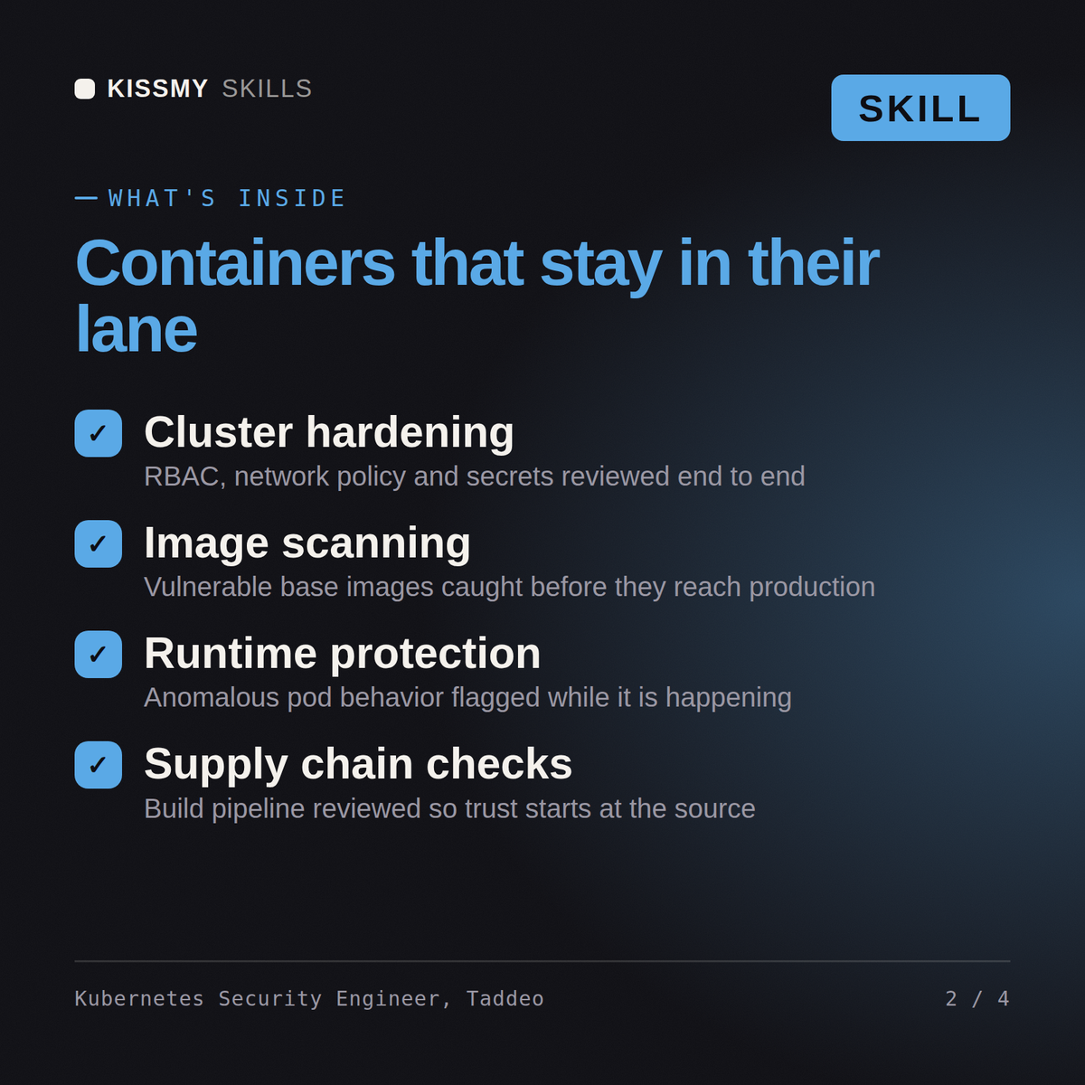 What's inside the Kubernetes Security Engineer, Taddeo AI skill: Cluster hardening, Image scanning, Runtime protection, Supply chain checks