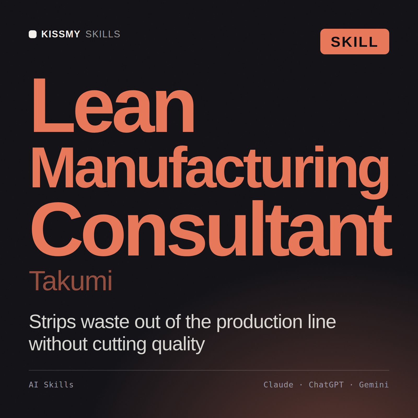 Lean Manufacturing Consultant, Takumi AI skill by KissMySkills, cover