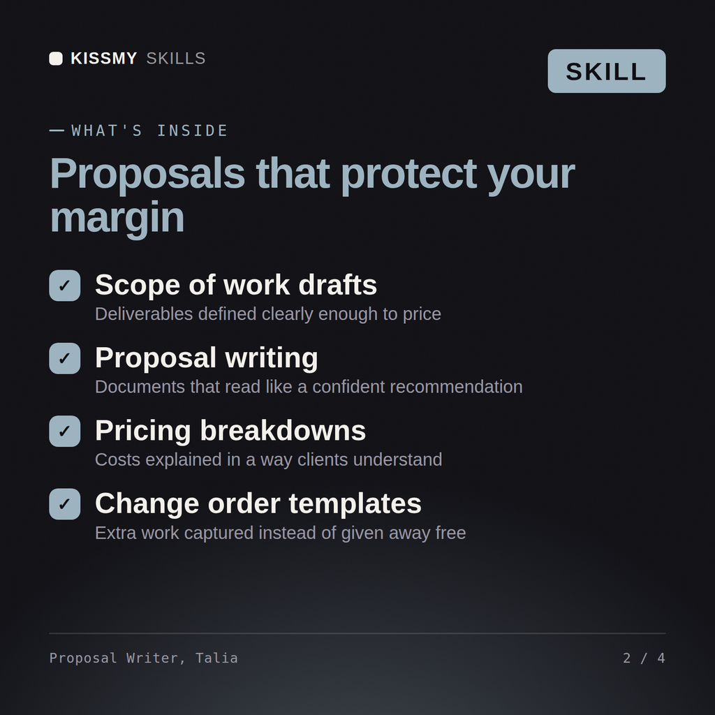 What's inside the Proposal Writer, Talia AI skill: Scope of work drafts, Proposal writing, Pricing breakdowns, Change order templates