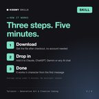 How the Taliesin - Generative Art & Creative Coding AI skill works in three steps: download, drop it into your AI chat, done