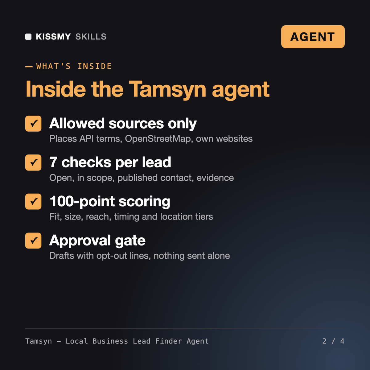 What's inside the Tamsyn - Local Business Lead Finder Agent: Allowed sources only, 7 checks per lead, 100-point scoring, Approval gate