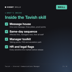 What's inside the Tavish - Internal Communications Manager AI skill: Message house, Same-day sequence, Manager toolkit, HR and legal flags