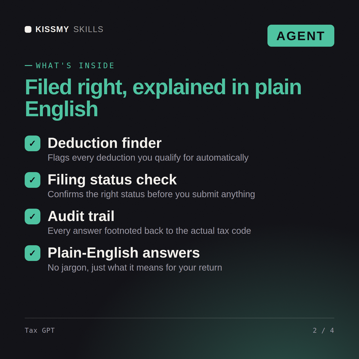 What's inside the Tax GPT AI agent: Deduction finder, Filing status check, Audit trail, Plain-English answers
