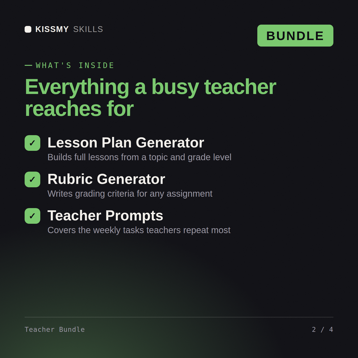 What's inside the Teacher Bundle AI bundle: Lesson Plan Generator, Rubric Generator, Teacher Prompts