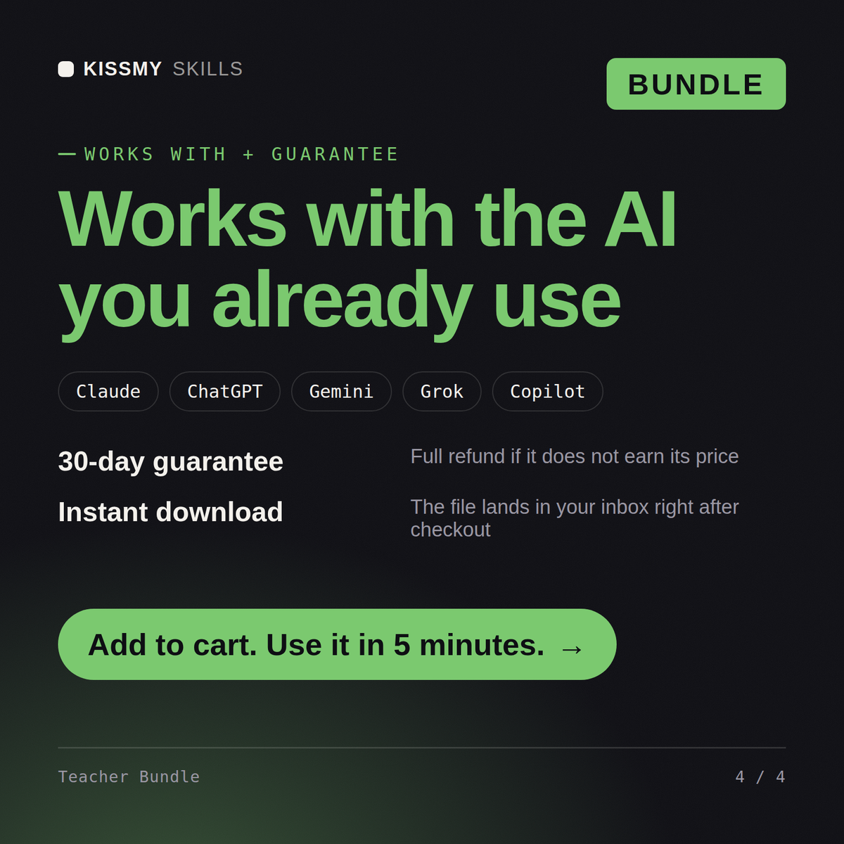 The Teacher Bundle AI bundle works with Claude, ChatGPT, Gemini and any AI chat, 30-day money-back guarantee