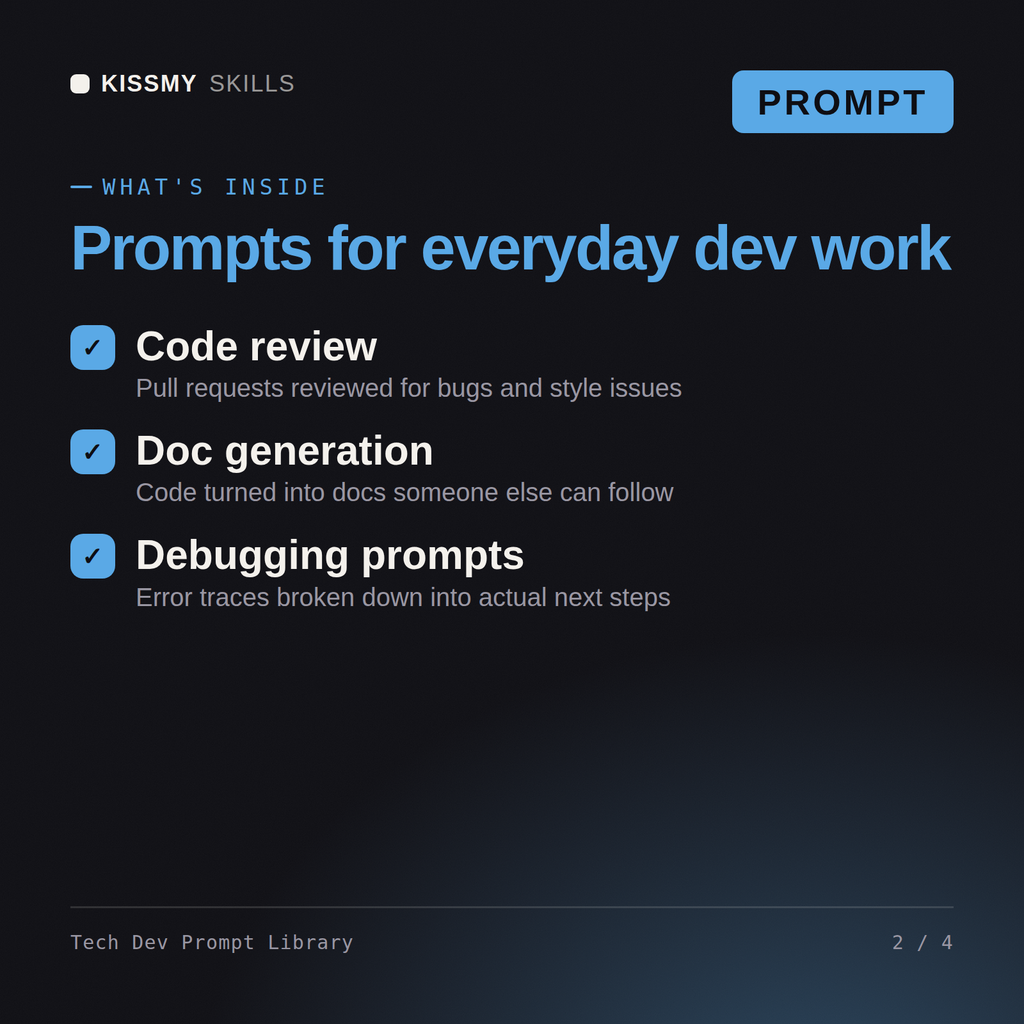What's inside the Tech Dev Prompt Library AI prompt: Code review, Doc generation, Debugging prompts