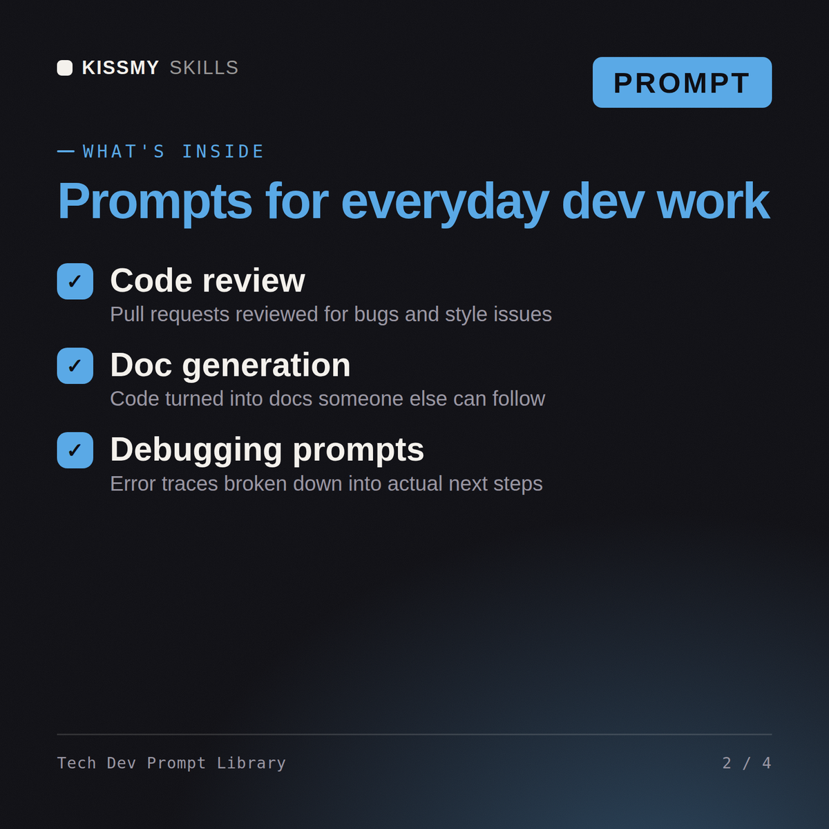 What's inside the Tech Dev Prompt Library AI prompt: Code review, Doc generation, Debugging prompts