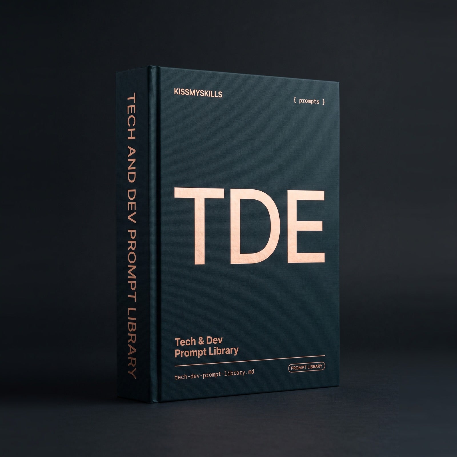 Tech & Dev prompts for Claude by KissMySkills, deep midnight-teal laid paper cover with the monogram TDE