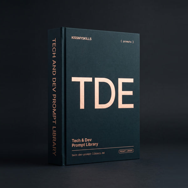Tech & Dev prompts for Claude by KissMySkills, deep midnight-teal laid paper cover with the monogram TDE