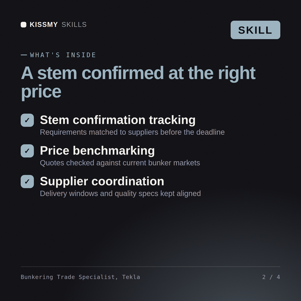 What's inside the Bunkering Trade Specialist, Tekla AI skill: Stem confirmation tracking, Price benchmarking, Supplier coordination