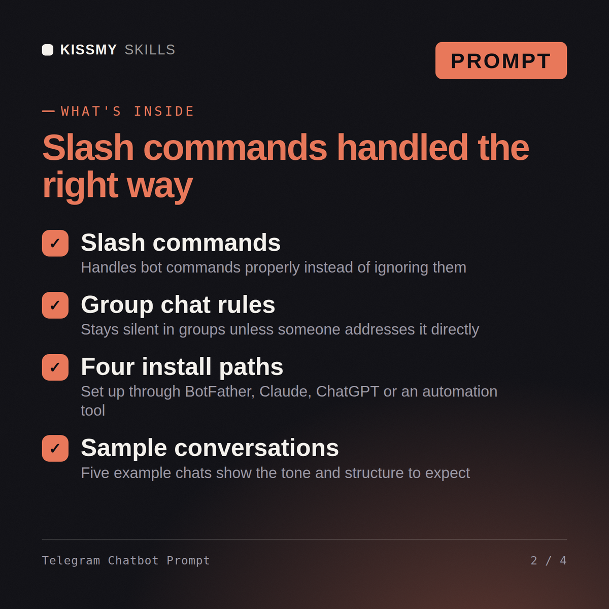 What's inside the Telegram Chatbot Prompt AI prompt: Slash commands, Group chat rules, Four install paths, Sample conversations