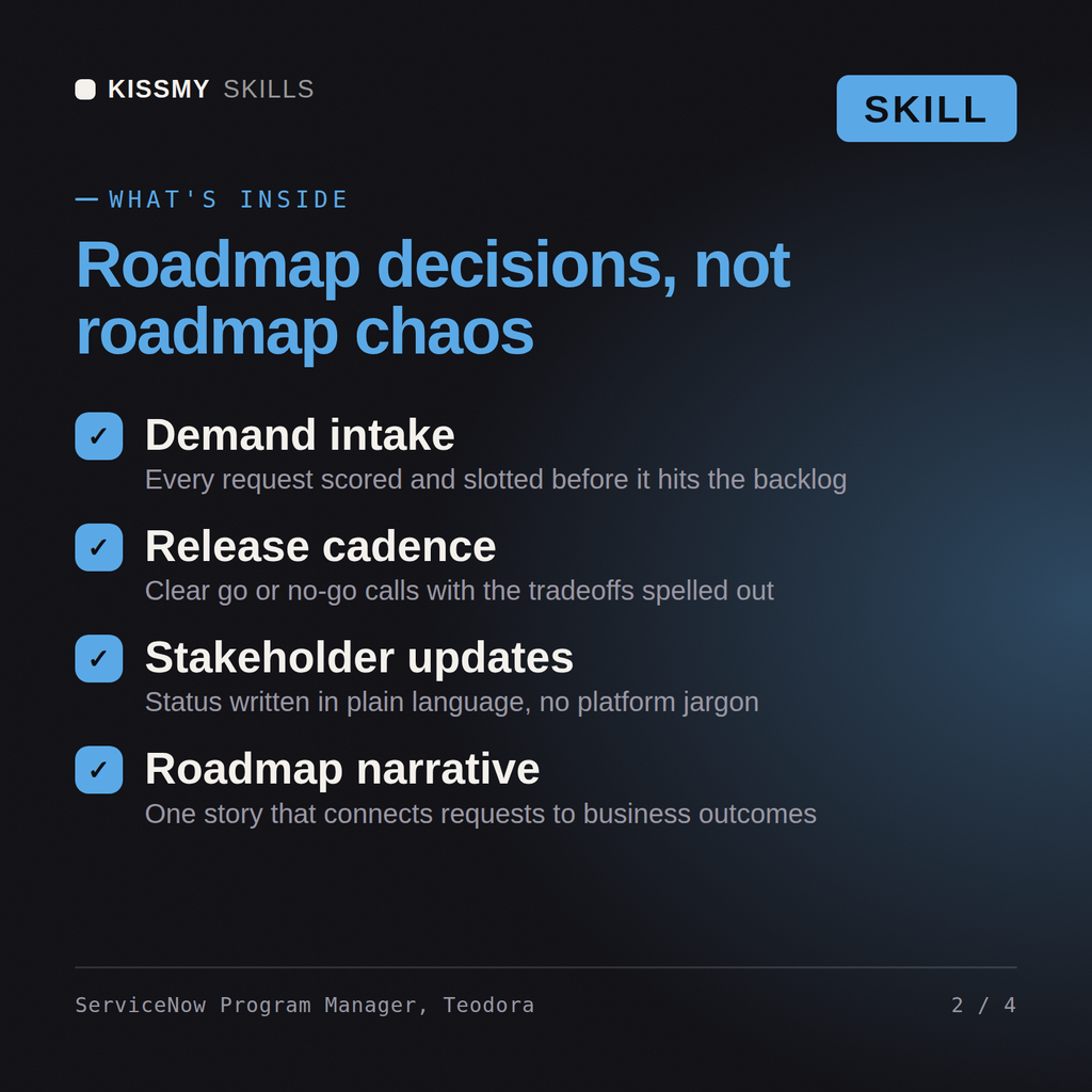 What's inside the ServiceNow Program Manager, Teodora AI skill: Demand intake, Release cadence, Stakeholder updates, Roadmap narrative