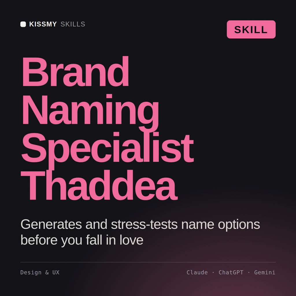 Brand Naming Specialist, Thaddea AI skill by KissMySkills, cover