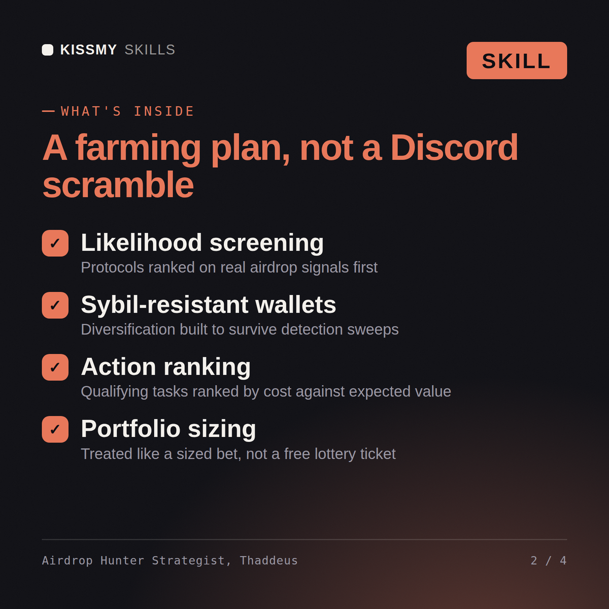 What's inside the Airdrop Hunter Strategist, Thaddeus AI skill: Likelihood screening, Sybil-resistant wallets, Action ranking, Portfolio sizing
